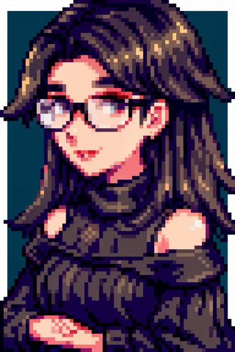 ((best quality)), ((masterpiece)), (detailed), 1girl, off-shoulder sweater, black color hair, glasses, pix, pixel art, close up ...