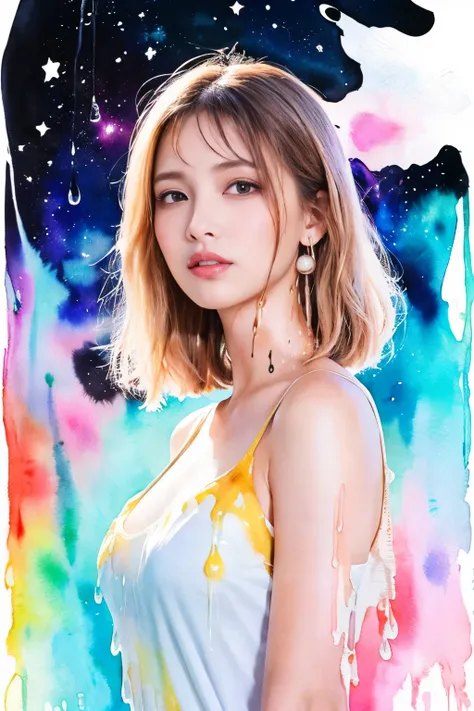 
((masterpiece:1.4, Highest quality)), (Photorealism), (watercolor background), ((1 Girl)), (Bright design), (Picture background), (Space and galaxy pastel colors), (Ink splashes and drips background:1.5), (looking at viewer)