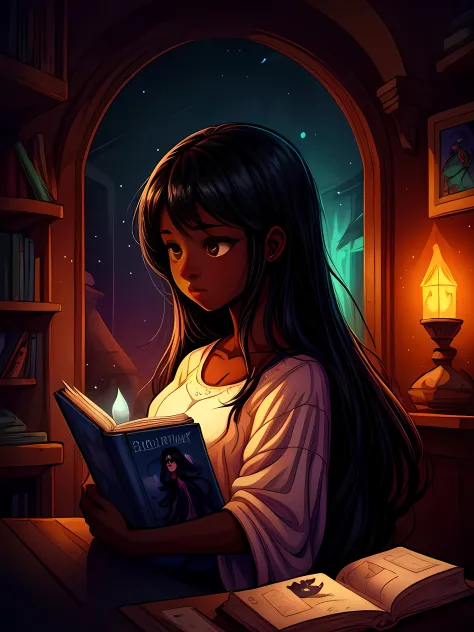 A beautiful girl with dark skin and long black hair, a cute semi-transparent ghost, childrens book style, graphic novel concept art, raw style, ultra-detailed, masterpiece, 8k, high quality, vivid colors, soft lighting, warm tones, magical realism