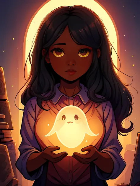 A beautiful girl with dark skin and long black hair, a cute semi-transparent ghost, childrens book style, graphic novel concept art, raw style, ultra-detailed, masterpiece, 8k, high quality, vivid colors, soft lighting, warm tones, magical realism