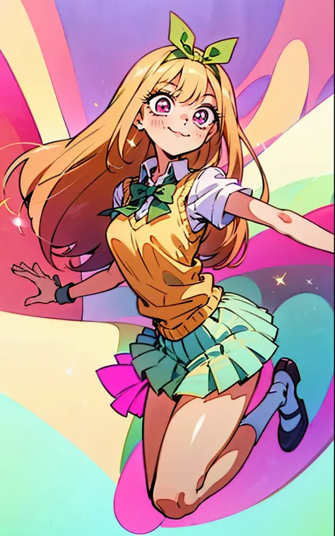 Marin kitagawa, long hair, marin drssed up as Yotsuba Nakano, long blonde hair with pink ends, sparkling pink eyes, sweet face, cheery, playful happy face, lovely, 4k, perfect quality, excellent fusion, excellent character design, green ribbon, sleeveless ...