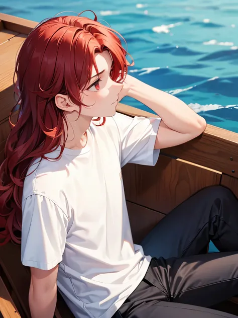 1boy,18 years old,Sitting in a wooden boat,Facing to the side, looking away, camera angle from the side, photo from the side, on a lake,cool,Annoyed expression, looking away,,middle parted hairstyle,talking,Curly hair, red hair, red eyes, long hair, vampir...