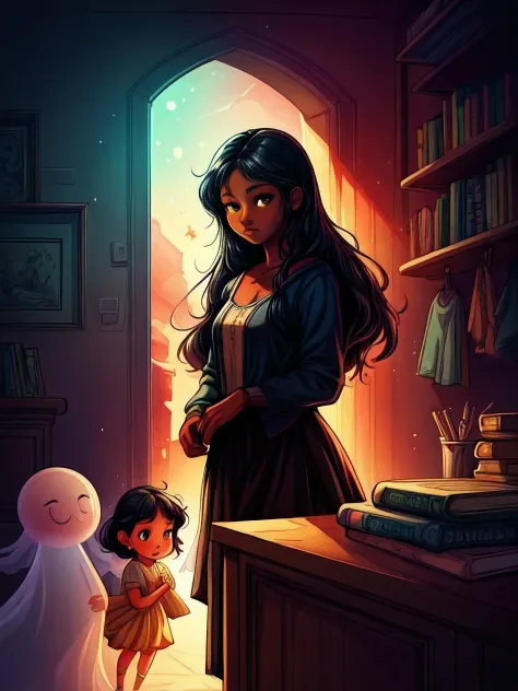 A beautiful “1girl_Cherub” with dark skin and long black hair, a cute semi-transparent ghost, childrens book style, graphic novel concept art, raw style, ultra-detailed, masterpiece, 8k, high quality, vivid colors, soft lighting, warm tones, magical realis...