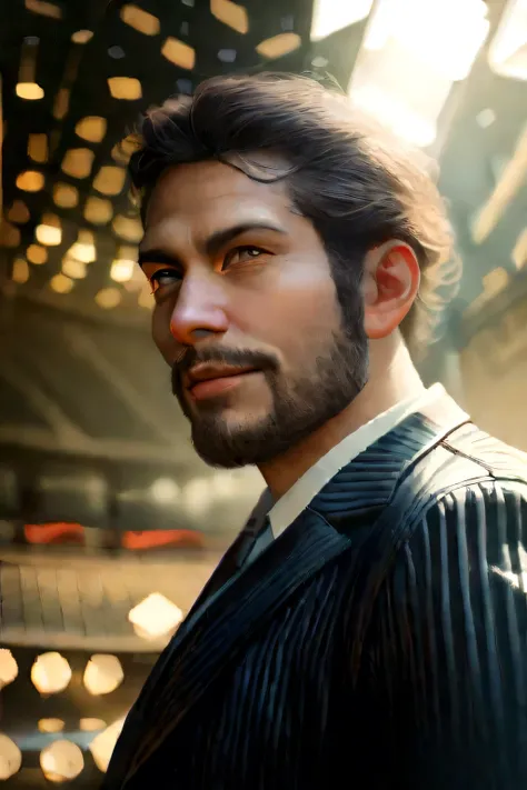 (best quality,4k,8k,highres,masterpiece:1.2),ultra-detailed,(realistic,photorealistic,photo-realistic:1.37),30 year old man,3 day beard,handsome anime,portraits,strong,masculine,dark hair,sharp jawline,mesmerizing eyes,perfectly styled hair,cool anime outf...