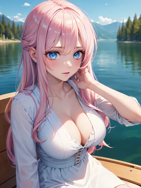 1woman,Sit on a boat,on the lake, looking away,blue eyes,Beautiful makeup, long eyelashes,early in the morning,stunning,half body photo, very detailed face,cute,,HD face, perfect face,Short white dress, pink cardigan,very big breasts,Blonde hair,blonde hai...