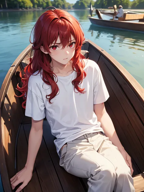 1boy,18 years old,Sitting in a wooden boat,Sad expression,,, on a lake,cool,Annoyed expression, middle parted hairstyle,talking,Curly hair, red hair, red eyes, long hair, vampire, handsome,,close up photo,White t-shirt,Short sleeve t-shirt,,black trousers