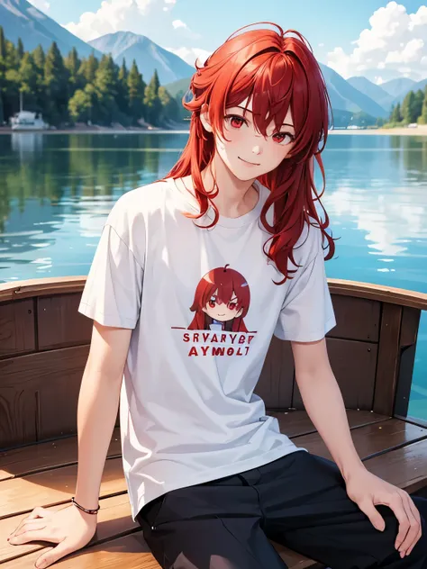 1boy,18 years old,Sitting in a wooden boat,Sad expression,,, on a lake,cool,smile, middle parted hairstyle,talking,Curly hair, red hair, red eyes, long hair, vampire, handsome,,close up photo,White t-shirt,Short sleeve t-shirt,,black trousers