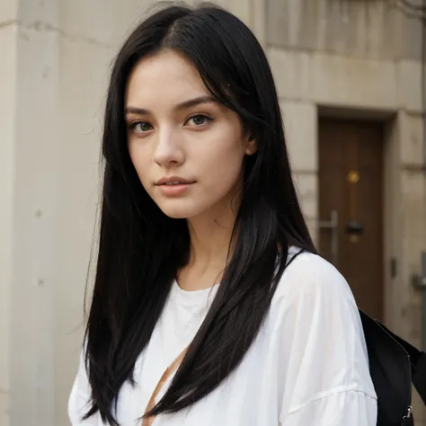 woman, 22 years old, model, straight black hair, on the street