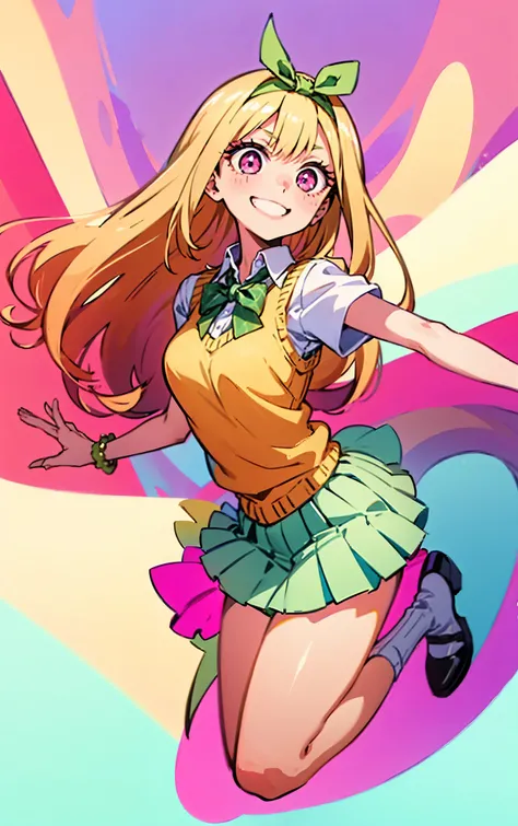 Marin kitagawa, long hair, marin drssed up as Yotsuba Nakano, long blonde hair with pink ends, sparkling pink eyes, sweet face, cheery, playful happy face, lovely, 4k, perfect quality, excellent fusion, excellent character design, green ribbon, sleeveless ...