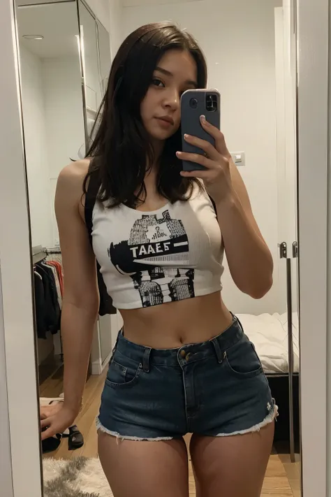 1 girl , 30 years old , mirror selfie, short pants , crop top, asian