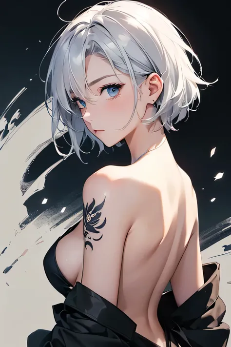 (Image from chest up:1.4)((masterpiece:1.5,Highest quality,Beautiful images、Sketch、2.5D、Ink Painting、Abstract、Artistic、Portraiture))(1girl, solo)(medium breasts, Silver Hair、short hair、sideboob、Exposing shoulders、Tattoo on shoulder)(Profile Portrait,Gaze s...