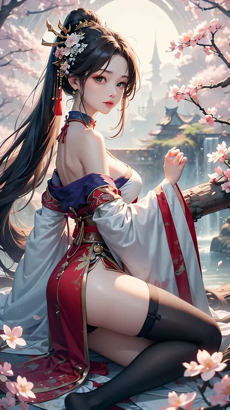 (masterpiece:1.5, Highest quality, Very detailed、 Dutch Angle、Semi-realistic、Fantasy)(One Girl, alone)(Silver Hair:1.6,,Straight Long Hair)(Wearing Han clothes, Royalty、White and red Hanfu:1.5,Thick fabric,Long sleeve)、((Off the shoulder、medium breasts, Be...