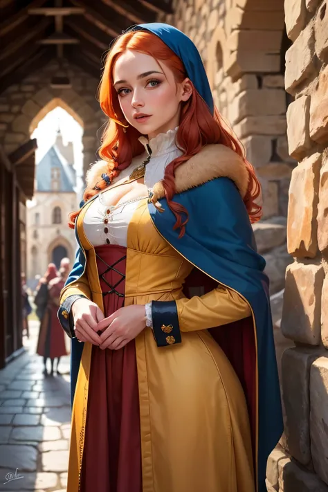 ((best qualityer)), ((work of art)), (detailded), 1 woman in a red yellow full medieval dress ,olhos detaildeds, nariz detailded, detailed mouth ,light red hair with long dreads, fully dressed, fully dressed, Covered Skin ,medieval cold clothing ,long blue...