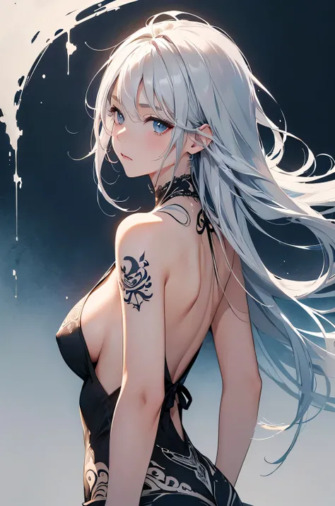 (Image from chest up:1.4)((masterpiece:1.5,Highest quality,Beautiful images、Sketch、2.5D、Ink Painting、Abstract、Artistic、Portraiture))(1girl, solo)(medium breasts, Silver Hair、long hair、sideboob、Exposing shoulders、Tattoo on shoulder)(Profile Portrait,Gaze si...