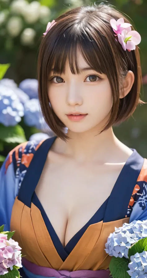 one girl, (a beauty girl, delicate girl:1.3), (16 years old:1.3),
break, (yukata, Japanese folk costume:1.2),
break, (glass vase, hydrangeas:1.2),
break, very fine eyes, (symmetrical eyes:1.3),
break, (big breasts:1.1), brown eyes, parted bangs, brown bobc...