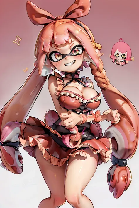 Conceit, Grin, blush, Simple Background, masterpiece, Highest quality, Splatoon Girl、Pink tentacle hair, Side Lock, Braids and lots of hair, Golden Eyes, skinny, Huge breasts, Double Bang, Hair Ribbon, Chinese short dress, Frills, Pink knee socks, Red dres...