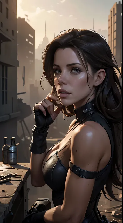 Foto hiperrealista en primer plano de Kate Beckinsale, masterpiece, best quality, (photorealistic:1.4),  Create dystopian masterpieces. Depict the cityscape in the gritty style of the games concept art. This work should evoke a sense of abandonment and des...