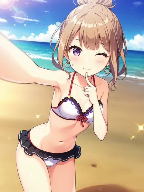 Highest quality, (masterpiece:1.2), Very detailed, (masterpiece), (figure),
Beach, sunlight,
Are standing, Close one eye、Put your hand over your mouth、
White Bikini, Chest cleavage,
One girl, alone, Brown Hair, Purple eyes, jewelry, Earrings, chest, bangs,...