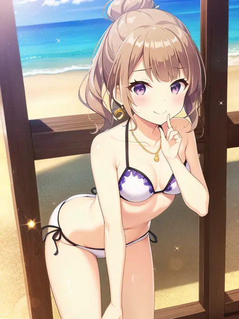 Highest quality, (masterpiece:1.2), Very detailed, (masterpiece), (figure),
Beach, sunlight,
Are standing, Close one eye、Put your hand over your mouth、
White Bikini, Chest cleavage,
One girl, alone, Brown Hair, Purple eyes, jewelry, Earrings, chest, bangs,...