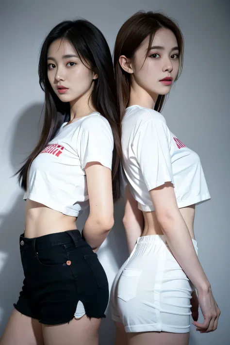 Two dynamic and sweet-looking women stand side by side and back to back, in a gray-black background. They are dressed in white cropped T-shirts that expose their slender waists and white shorts that highlight their rounded hips. Each woman holds a soccer b...