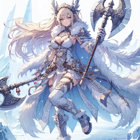 (masterpiece, Best Quality), (detailed hairs), Ultra-detailed, Anime style, Full body, Solo, Cyberpunk Viking girl, pale gold Harf up hairstyle, face tattoo, held Viking axe and rune sword, supernatural snow, ice protect, white pale blue wrestler costume, ...