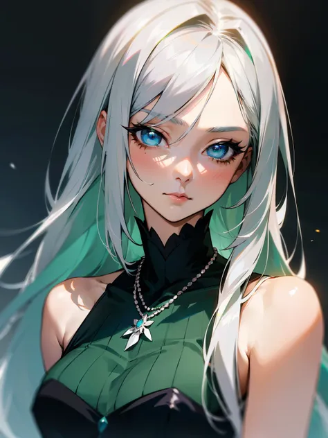 a woman in a green dress and a necklace, silver hair girl, long hair, anime style portrait, in anime style, semi-realistic anime...