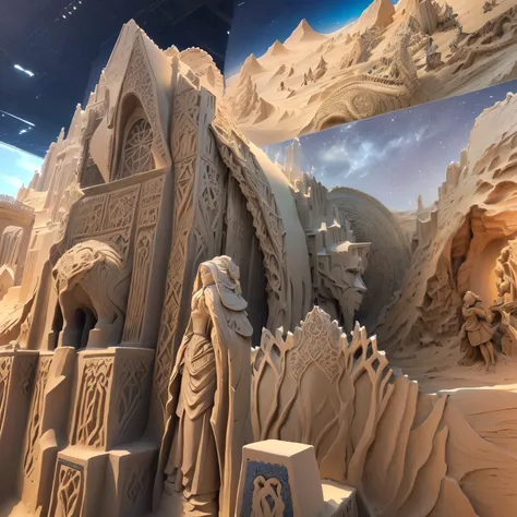 there are many sand sculptures of people on display in a museum, sand sculpture, extremely detailed sand, intricate 3 d sculpture, photo taken of an epic intricate, detailed painting of dune movie, detailed clay model, contest winning masterpiece, intricat...