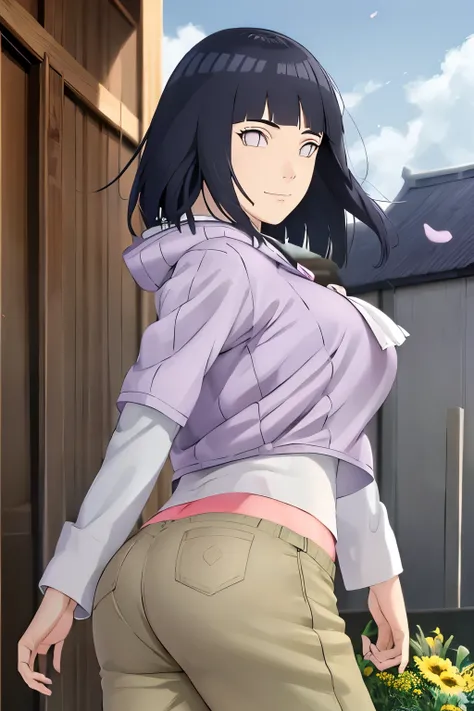 (Huge tits), masterpiece, absurdres , (intricate details), (colorful),cinematic lighting,extremely detailed CG unity 8k wallpaper ,hinata(boruto), 1girl, solo, purple hoodie ,brown pants,  from behind,layered sleeves, cowboy shot,  looking back, looking at...