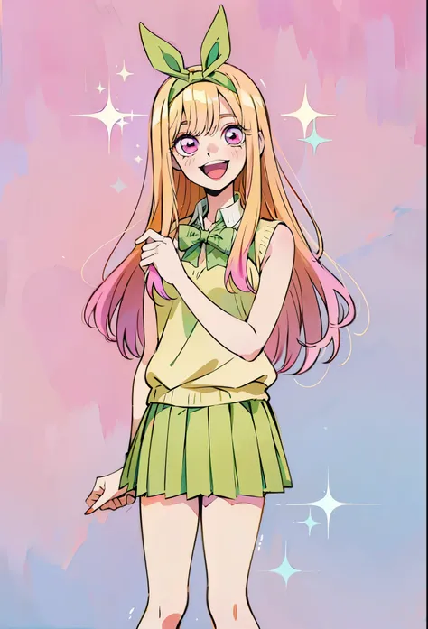 Marin kitagawa, long hair, marin drssed up as Yotsuba Nakano, long blonde hair with pink ends, sparkling pink eyes, sweet face, cheery, playful happy face, lovely, 4k, perfect quality, excellent fusion, excellent character design, green ribbon, sleeveless ...