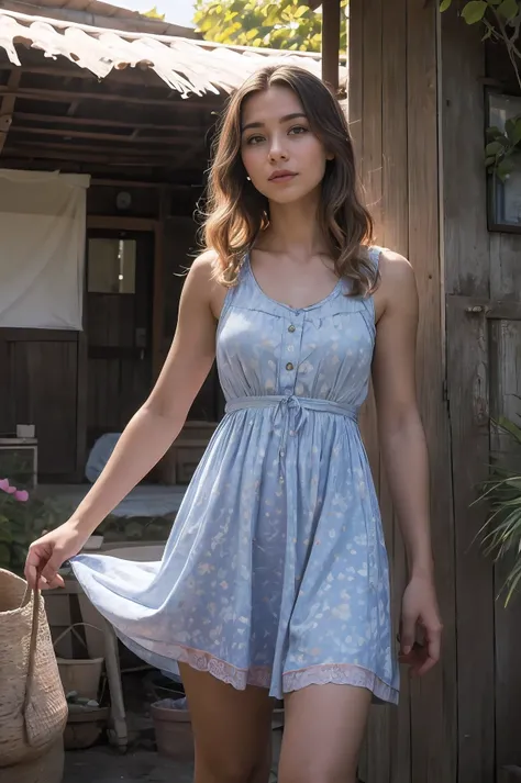 Beautiful young woman with light streaming neatly through her hair., Her summer dress was beautiful and she was standing in front of the hut.