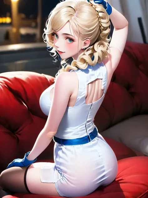 ((best quality)), ((masterpiece)), ((1girl)), solo, Ferry, ((long hair)), FerryBase, ((thighhighs)), bare shoulders, ((jewelry)), ((sleeveless)), white dress, blue skirt, ((gloves)), thigh-high, from behind.