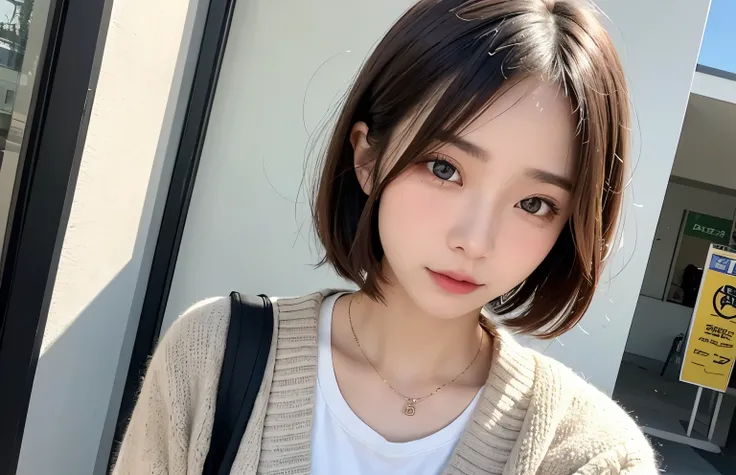 1 Taiwan model, Hair Model, Unique hair details, Knitted Cardigan, double eyelid, Very short hair、Blonde-like brown hair、Street Snap、View from below、Tear bags are large、Mole under right eye、fjat chest、Embarrassed look、26 years old、Taiwanese women、