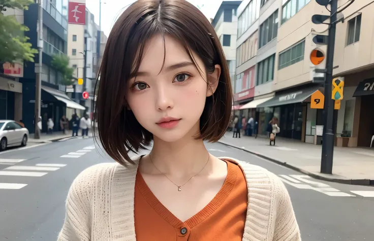 1 Japan model, Hair Model, Unique hair details, Knitted Cardigan, double eyelid, Very short hair、Orange-ish brown hair、Street Snap、View from below、Tear bags are large、Mole under right eye、fjat chest、Embarrassed look