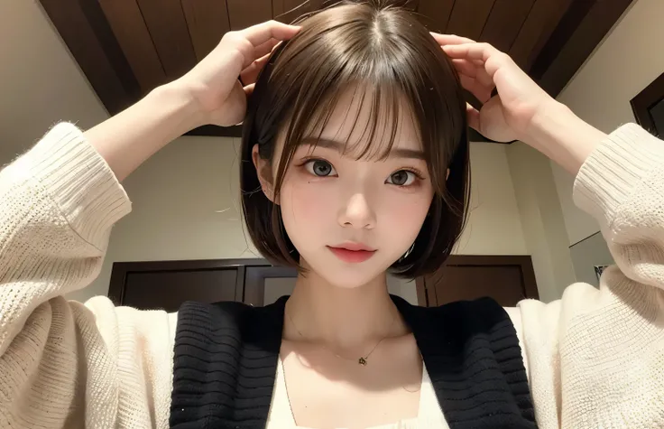 1 Taiwan model, Hair Model, Unique hair details, Knitted Cardigan, double eyelid, Very short hair、Blonde-like brown hair、カフェテラス、View from below、Tear bags are large、Mole under right eye、fjat chest、Embarrassed look、26 years old、Taiwanese women、