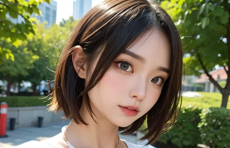 1 Taiwan model, Hair Model, Unique hair details, ワンピース, double eyelid, Very short hair、Blonde-like brown hair、View from below、Tear bags are large、Mole under right eye、fjat chest、Embarrassed look、26 years old、Taiwanese women、twilight、garden