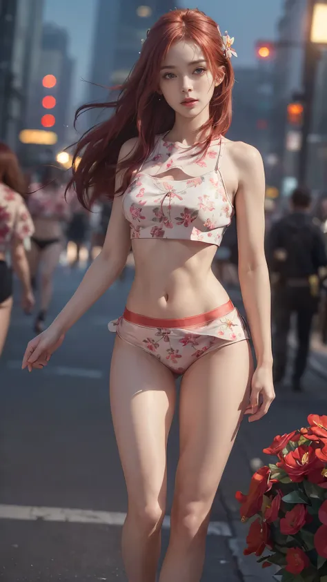 ((Realistic lighting, Best quality, 8K, Masterpiece: 1.3)), Clear focus: 1.2, 1 girl, Perfect Figure: 1.4, Slim Abs: 1.1, See through, tight clothing, ((Red-Haired)), (panties: 1.4), (Floral crop top: 1.4), (Outdoor, Night: 1.1), City streets, Super fine f...