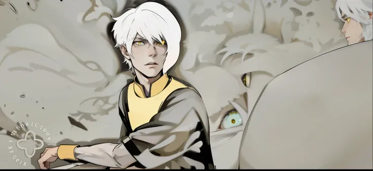 There is a 27-year-old man with white hair and yellow eyes. He is talking about something serious.