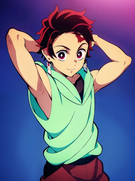 Highres, Masterpiece, Best quality at best,Best Quality,hight quality, hight detailed, Anime style, 1boy, Shota, young boy, Solo person, Tanjiro, earring, red hair, smile, Sleeveless hoodie, Bare shoulder, Seen from the front, look at viewer, upper body, (...