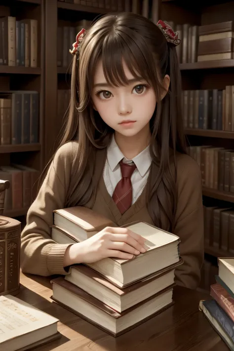 ((masterpiece,best quality))1girl, solo, bookshelf, pile of books, indoors, hair ornament, yuina, red eyes,