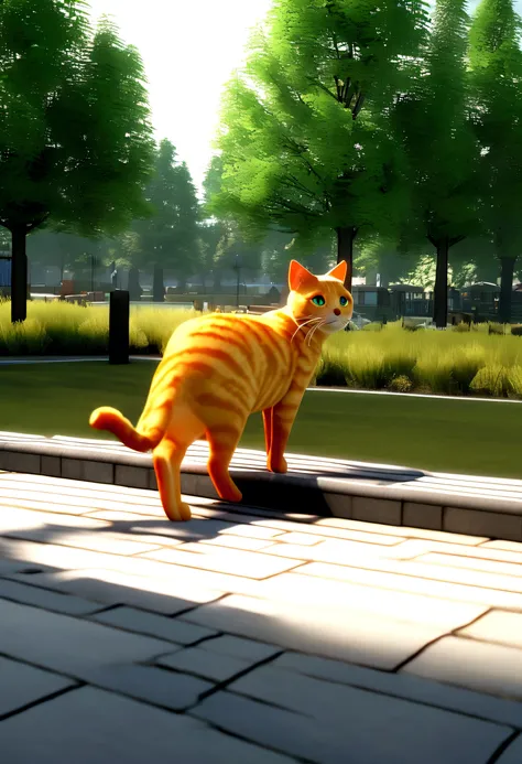 A orange cat with fish cover in a park in 3d style 