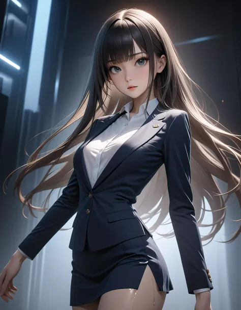 best quality, masterpiece, high resolution,cowboy shot,1woman,25 year old beauty,black hair,long hair,blunt bangs,black eyes,gorgeous eyes,、Dark blue blazer jacket,Navy blue mini skirt、medium breasts, skinny,slender body,lifelike,Side lighting,  (oily skin...