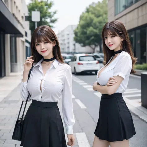 ((Group photo))、Layered Haircut,（8K，Highest quality），Full Body Shot，Shot from medium distances，open-collar shirt、Wear a JK skirt，Full body photo、 Adorable， smile， length, brown hair， 32k, masterpiece， Best image quality，Ultra-high resolution，Perfect hands，...