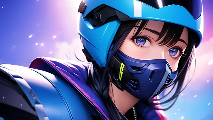 girl, sports motorcycle, blue full close motorcycle helmet, purple cloak, hide face, detailed facial features, anime, 8k