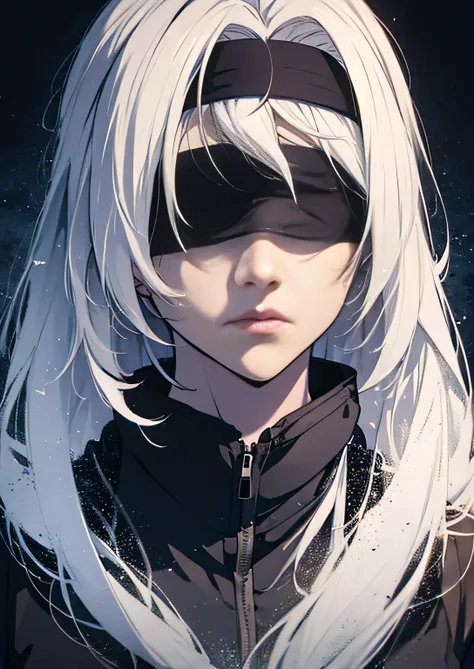 white hair male adult character, anime style, with a headband on the eyes, blind, blind, wearing a headband over her eyes, anime...