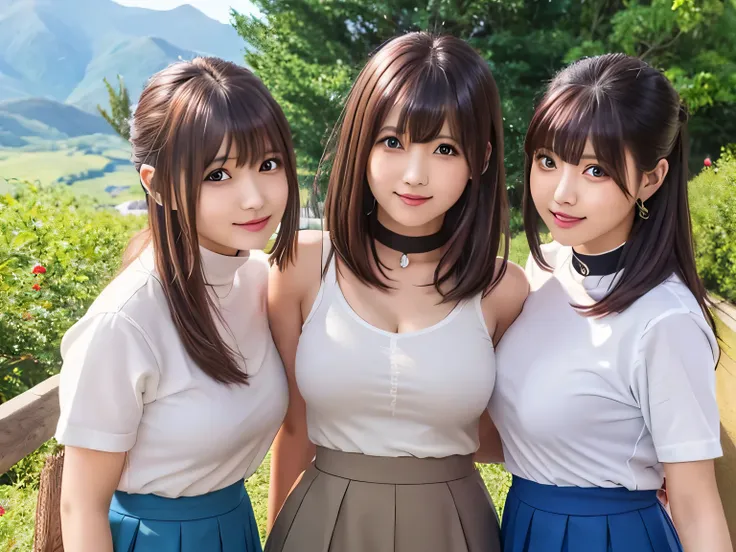 ((Group photo))、Layered Haircut,（8K，Highest quality），Full Body Shot，Shot from medium distances，open-collar shirt、Wear a JK skirt，Full body photo、 Adorable， smile， length, brown hair， 32k, masterpiece， Best image quality，Ultra-high resolution，Perfect hands，...