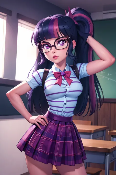 Twilight sparkle, sexy,cowboy shot,solo,1girl,ponytail,glasses,striped shirt,purple skirt,classroom,dynamic lighting,