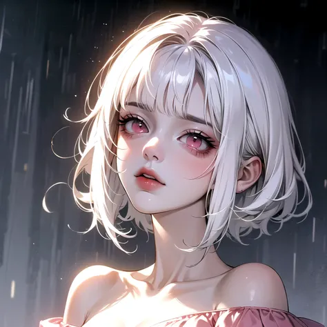 ((best quality)), ((masterpiece)), (detailed), 1girl, girl looking up in the middle of rain. White hair. Short hair. Pink eyes. Sad vibe. Sad face. Off shoulder sweeter.