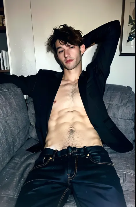 a handsome guy, Vest, He is wearing black pants, Upper Body, 28 years old, Caucasian, Darrell Jones, Surreal,topless, High resolution, alone, american man, Deluxe high view room, VIP room, chilly atmosphere, Add details, Lying on the sofa, armpit, (masterp...