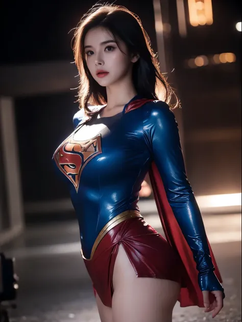 a close up of a asia woman in a superman costume standing on a cityscape, amouranth as a super villain, super photo realistic, r...