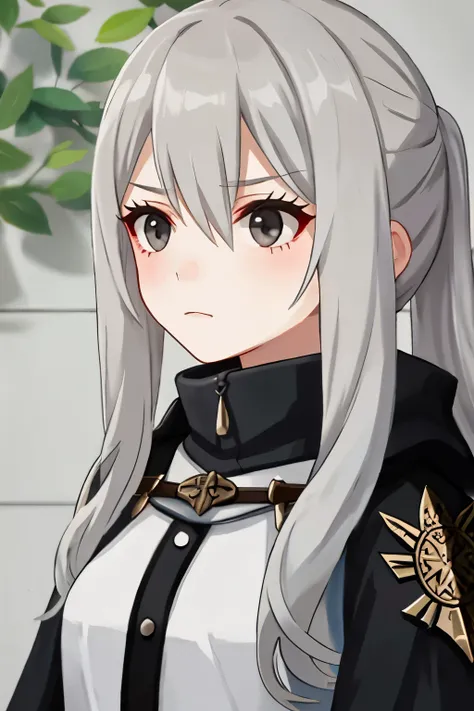 young girl with long light grey hair, grey eyes and has an apathetic expression